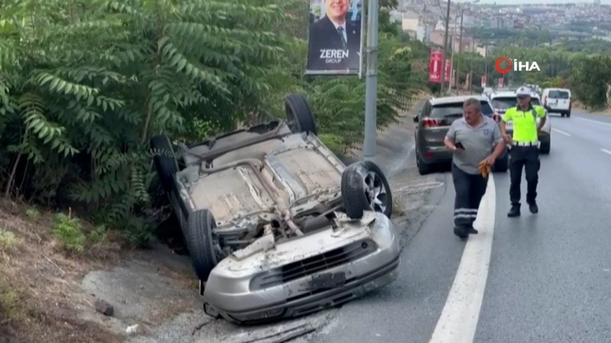 Kağıthane'de takla atan araçtan burnu bile kanamadan kurtuldu