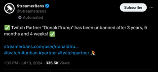 Twitch unbans Donald Trump: 'We believe there is value in hearing from Presidential nominees directly'