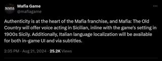 Mafia: The Old Country studio clarifies lack of Italian voice acting, says they're doing it in Sicilian for that real Mafioso 'authenticity'