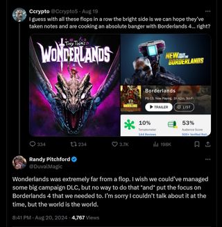 Randy Pitchford says Tiny Tina's Wonderlands didn't get DLC because there was 'no way to do that and put the focus on Borderlands 4 that we needed to'